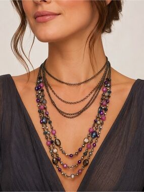 Premier Designs Layered adjustable Purple & Blue Beaded Multi-Strand Necklace